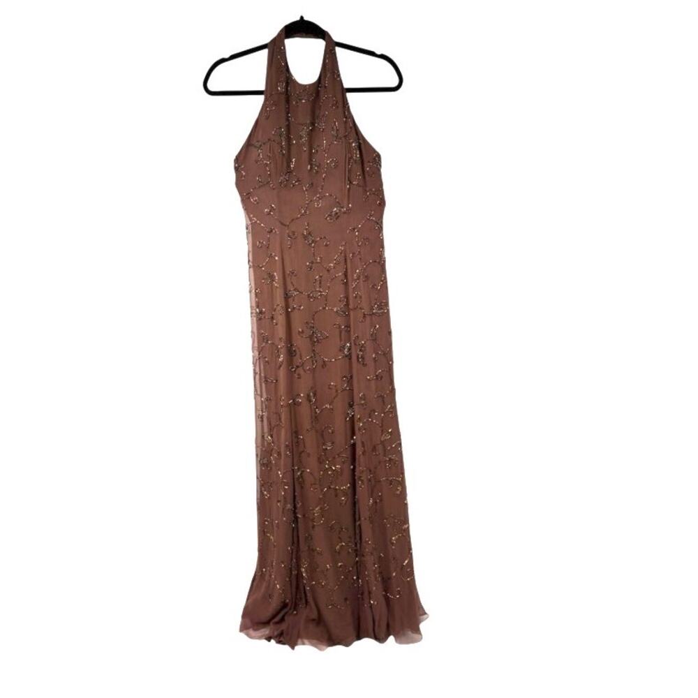 Cassandra Stone Brown 100% Silk Floral Beaded Halter Formal Prom Dress Womens 8 - Picture 11 of 11